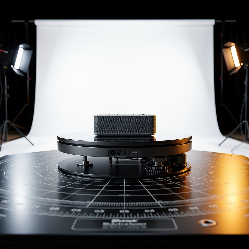 Product photography turntable setup with a small electronic device being photographed for 360-degree spin sequence in studio