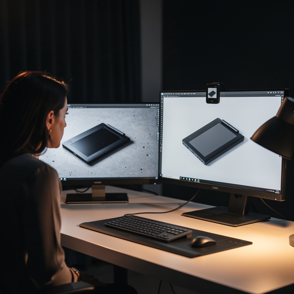 Post-production editing workstation with dual monitors showing product image retouching in progress