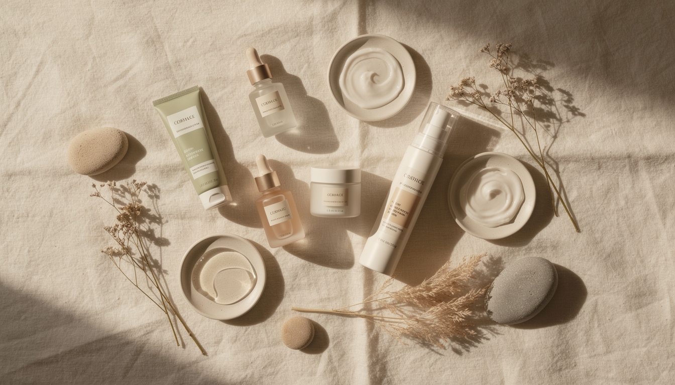 Styled overhead flat-lay composition with beauty products, flowers and fabric textures on warm beige background