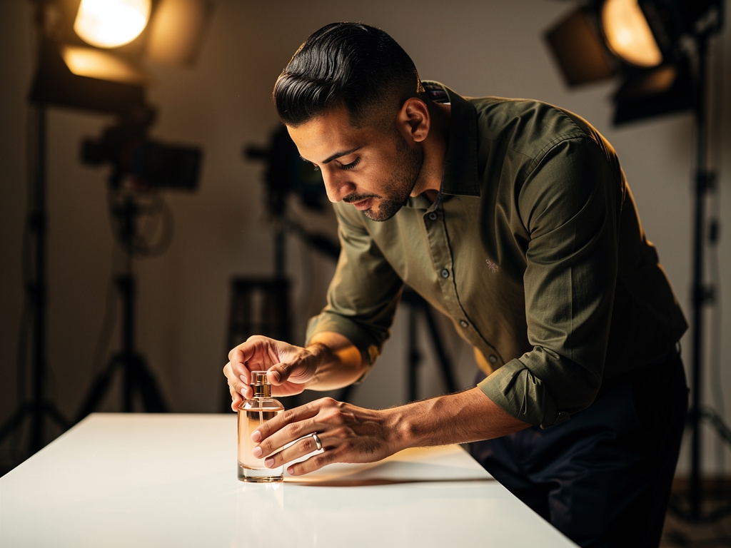 Photographer carefully positioning a product on a studio table under professional lighting equipment in Cairo studio
