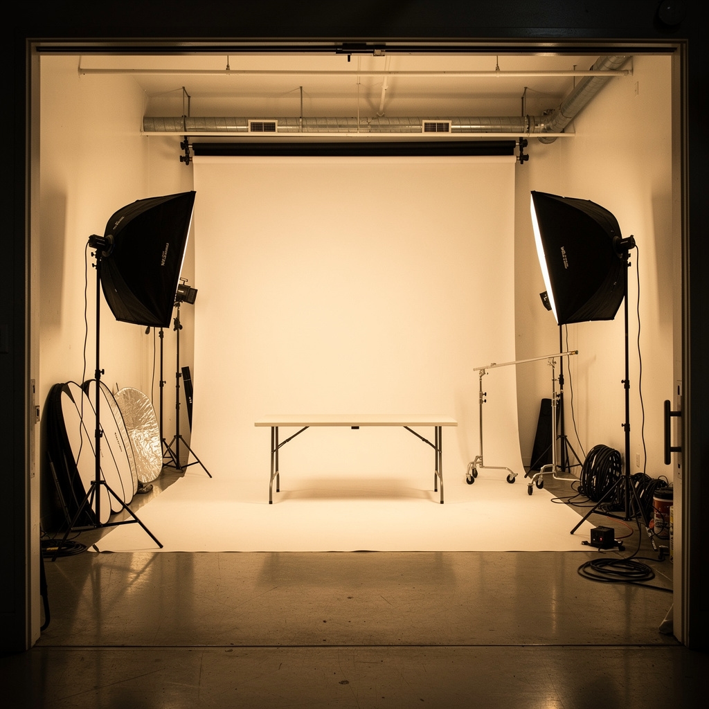 Professional studio lighting setup with softboxes and product on white sweep