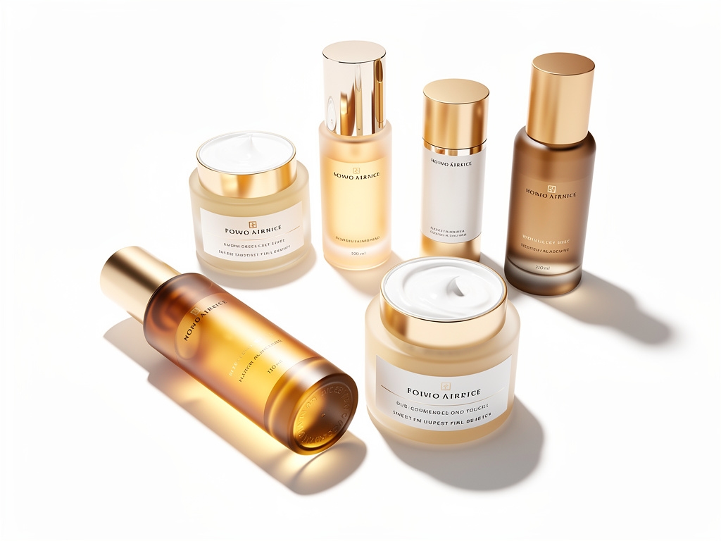 Clean white-background product photography setup showing cosmetics arranged on seamless white surface